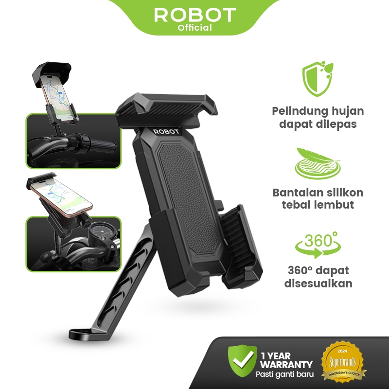 ROBOT Motor Holder Silikon dengan Pelindung Hujan Rotasi 360° Derajat Holder RT-MH05 Original - Gara