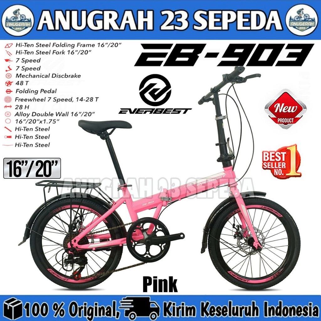 Sepeda Lipat EVERBEST EB-903 Ukuran 16 20 Inch Anak Dewasa Boncengan 7 Speed Rem Cakram