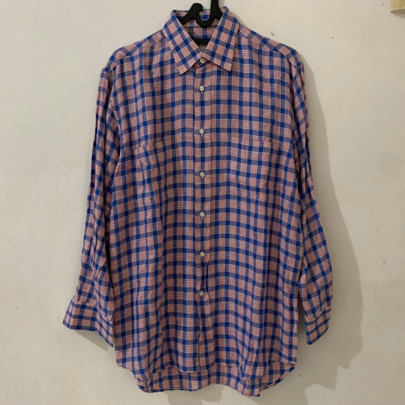Kemeja pria cowo katun kotak biru pink Alfrd Dnhill preloved