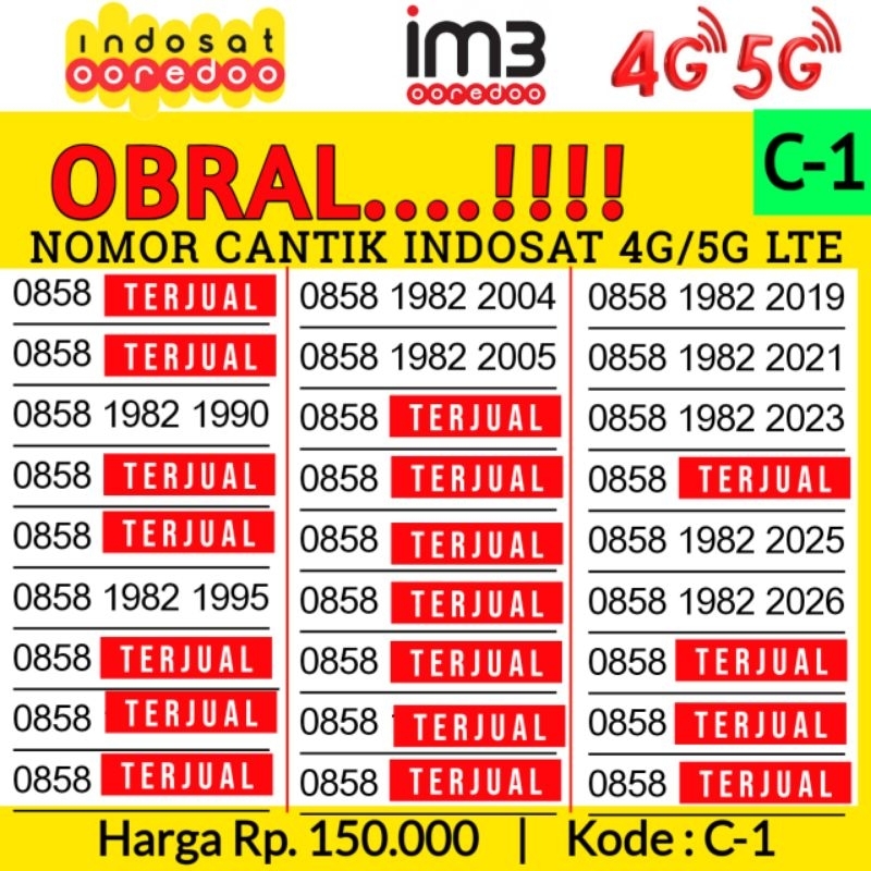 Kartu Perdana Nomor Cantik Indosat IM3 Ooredoo Tahun 8888 0000 1000 2000 7000 8000