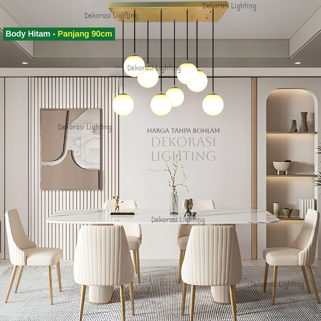 Lampu gantung 8in1 kop panjang 90cm model kaca bulat body hitam 8lampu e27 minimalis meja makan meja