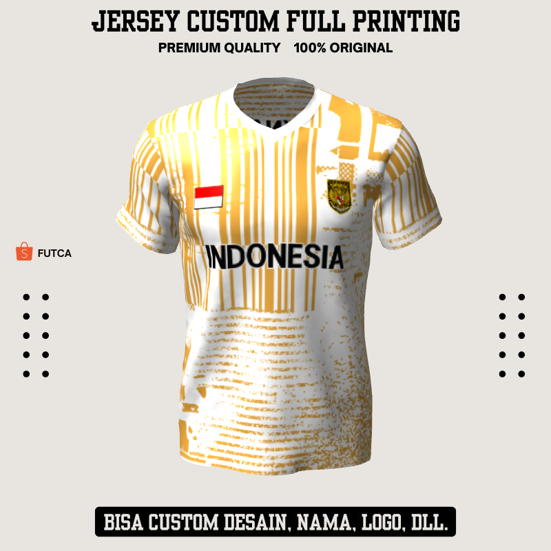 Kaos Jersey Futsal Timnas Putih Gold Motif Garis Abstrak 582 - Jersey Baju Olahraga Custom Full Prin