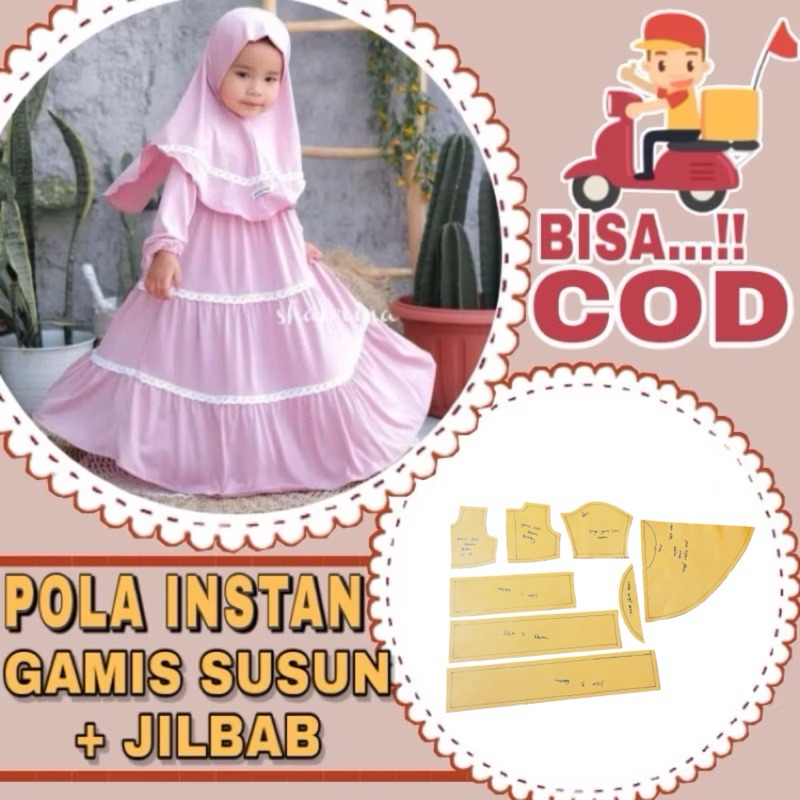 BISA COD✔️ Pola instan gamis susun anak + jilbab - Pola jiplak gamis susun anak sudah berkampuh ting