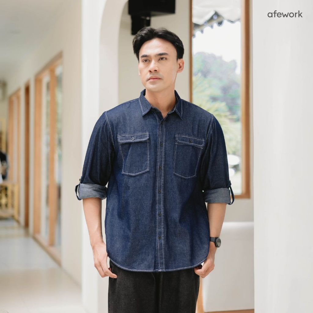 Nibras Hijab x Afework Kemeja Cowok Lengan Panjang Atasan Pria - Denim Long Sleeve