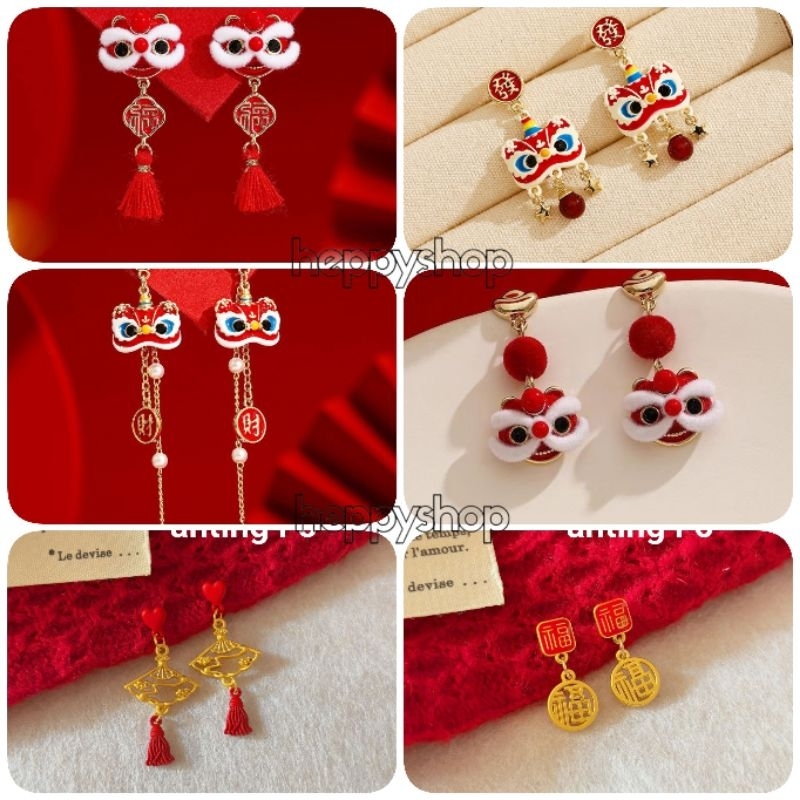 Anting Imlek Merah Fu Cina Barongsai, Chinese New Year Earings