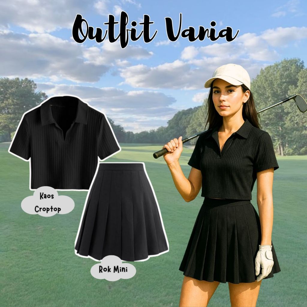 Vania One Set Outfit 1 Set Baju Hitam Rok Mini Tas Serut Topi Hitam OOTD - KB59