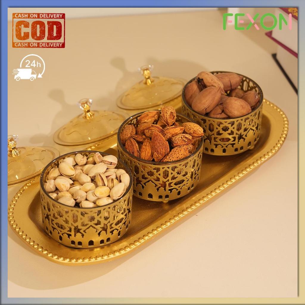[COD] FEXON Set Toples Arab 3 Buah dengan Nampan Toples Kue Kering Ukiran Arab Emas 3 Pcs  Tempat Ca