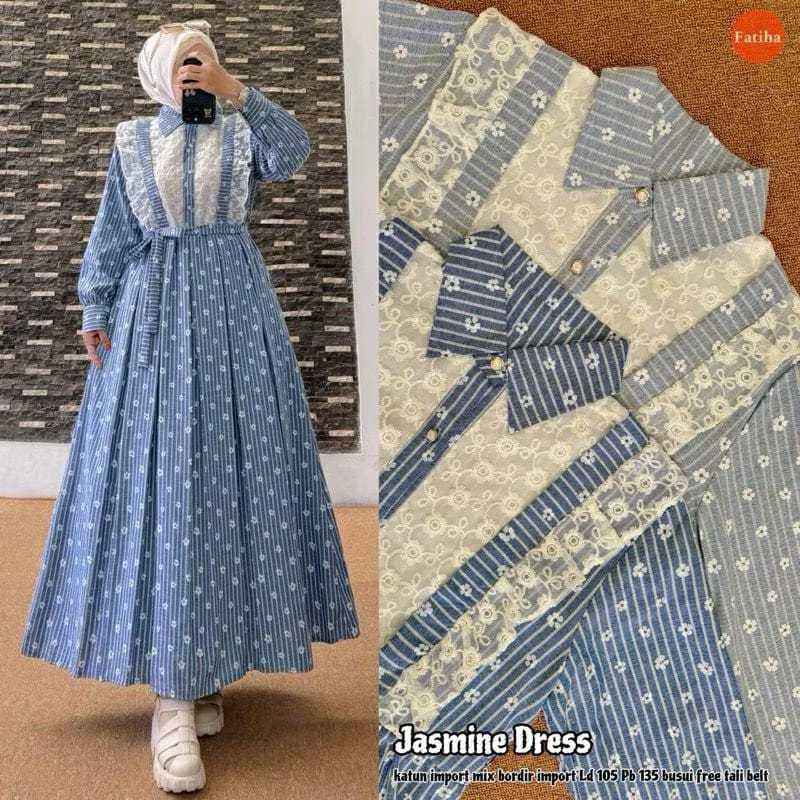 Retina Midi Dress Salur Mix Brukat Dress Korean Style Gamis Terbaru