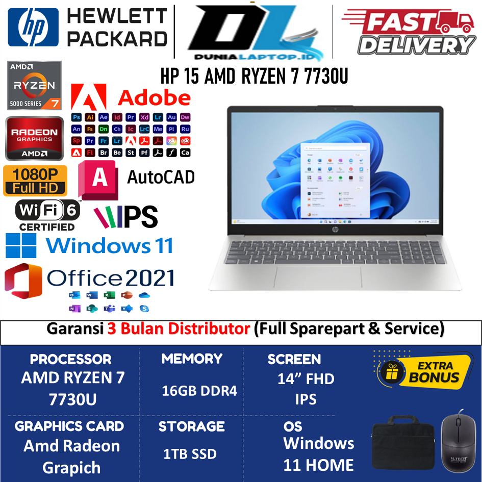 Laptop HP 15s AMD Ryzen 7 7730U Ram 16GB DDR5 1TB SSD Fhd Radeon Windows 11 Original