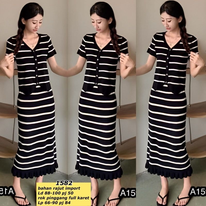 1582 setelan rok rajut salur bahan rajut import fit to L+rok rajut