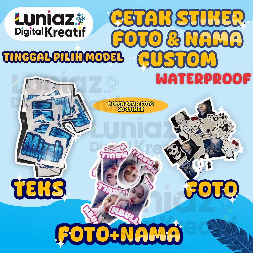 CETAK Stiker FOTO Custom PRINT TEKS waterproof Anti Air terpotong pola / stiker handphone