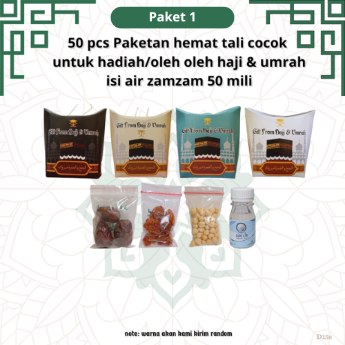 

paket hemat tali 50 pcs untuk oleh haji dan umroh (isi air zamzam 50 ml) dus+botol isi air zam zam+kismis+kurma+kacang arab
