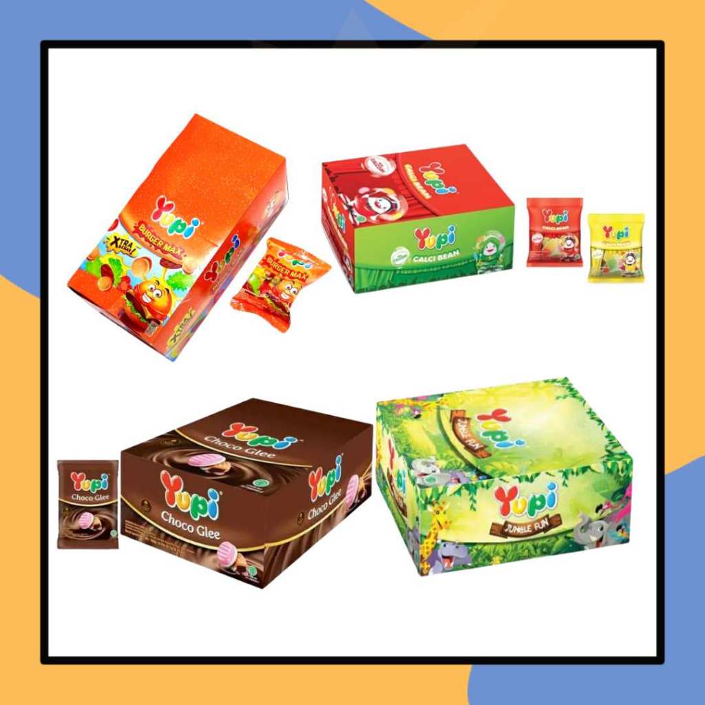 

Permen Yupi Karakter Burger Max Calci Bean isi 12pcs Choco Glee Jungle Fun isi 24pcs Kembang Gula Lunak Jeli Aneka Rasa Candy