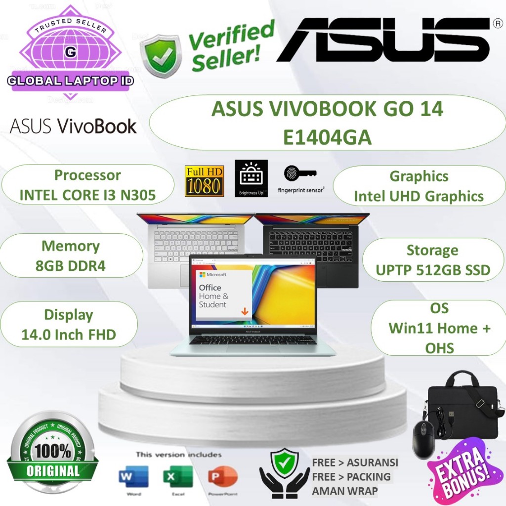 RESMI Laptop Asus VivoBook Go 14 E1404GA Intel Core i3 N305 RAM 8GB 512GB SSD 14" FHD Windows 11 Hom