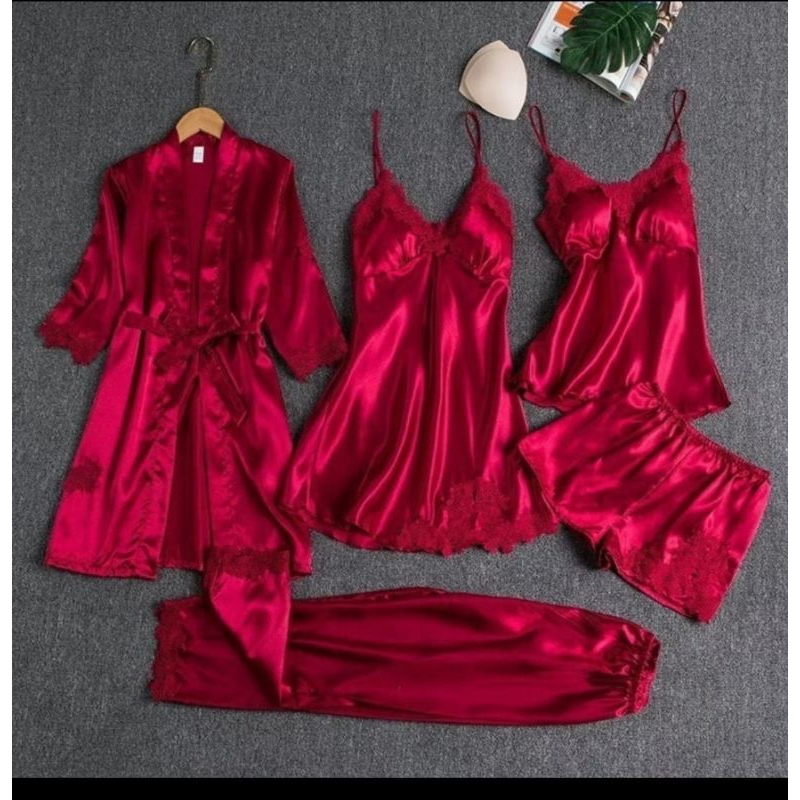 PIYAMA SET SEXY KIMONO 5 IN 1/ BAJU TIDUR SATIN WANITA / BAJU TIDUR SEXY/ LINGERIE SET KIMONO / DRES