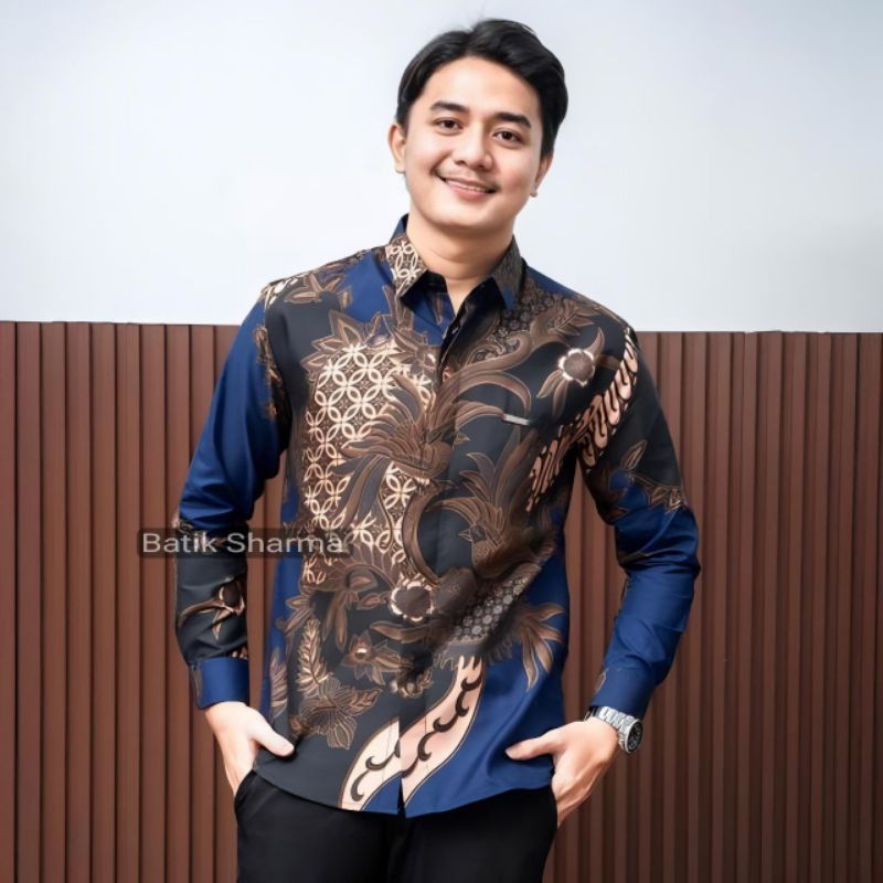 Kemeja Batik Pria Lengan Panjang Mahesa Navy Baju Batik Cowok Terbaru Laskala Casual Formal Slim fit