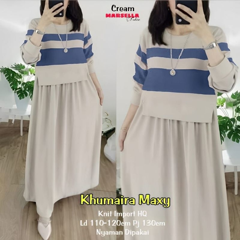 Khumaira Maxy Gamis Ld110 Motif Garis Garis Kaos Knit Premium Tebal Casual Remaja Muslimah Aranti Ha