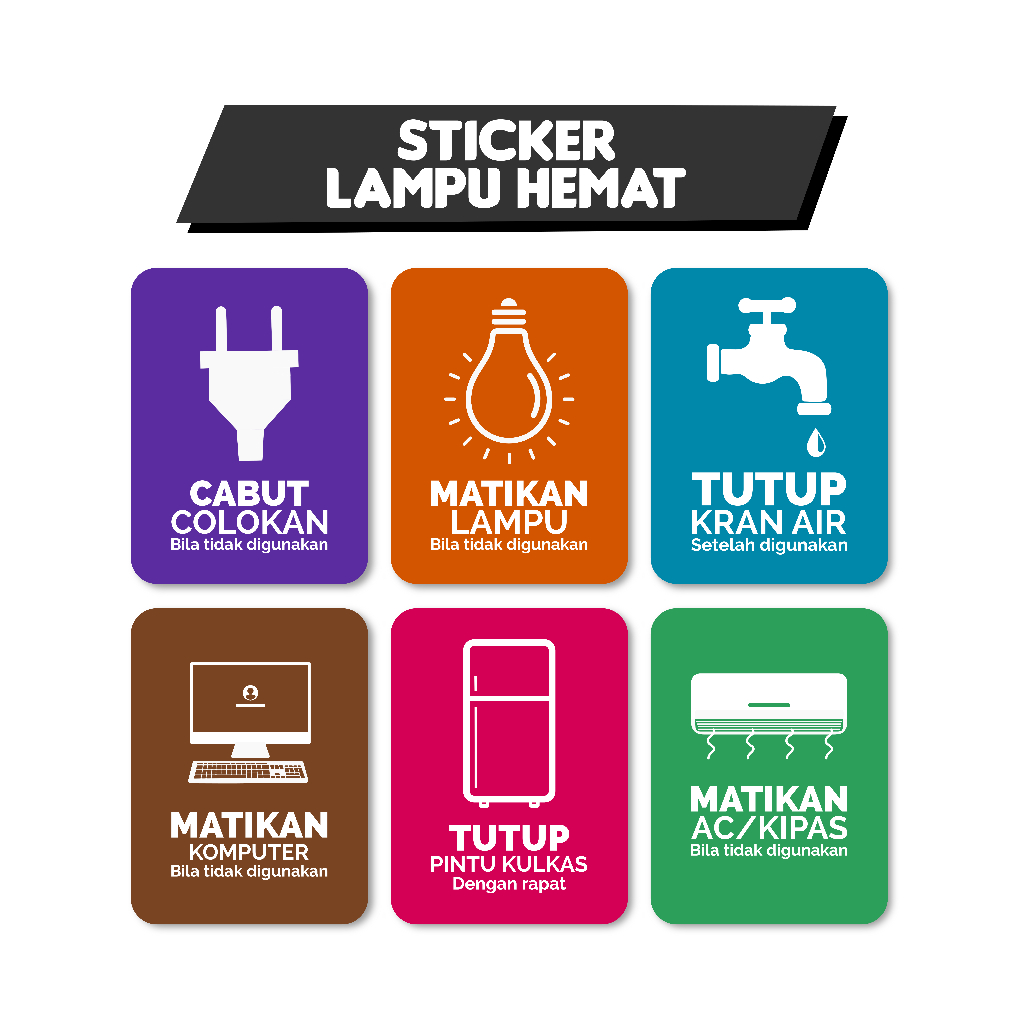 

Stiker Peringatan Warning Lengkap Matikan Lampu Tutup Kran Air Matikan Kipas Matikan AC Cabut Colokan Matikan Komputer Tutup Pintu Kulkas Kran Air Sumur Stiker Awet Tahan Air Sudah Dipotong Sticker Vinyl Laminasi Doff Die Cut Warna Biru Cerah 8,3x6,2 cm