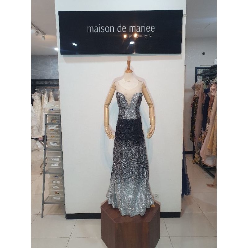 Preloved baju pesta panjang dress party warna sembur hitam dan silver