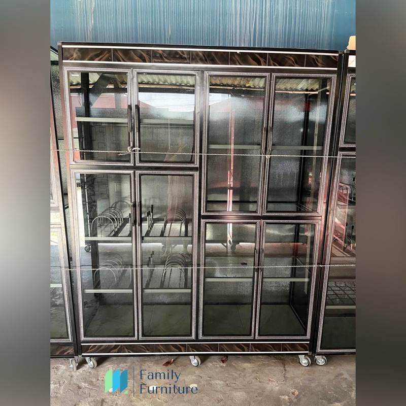 Lemari Rak Piring Aluminium 4 Pintu Minimalis Pintu Kaca Kombinasi