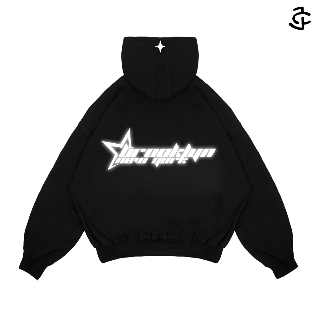 Zukimimo Sweater Hoodie Boxy Pria Wanita Sablon BROOKLYN (NYALA) Reflektif Hoodie Boxy Terbaru