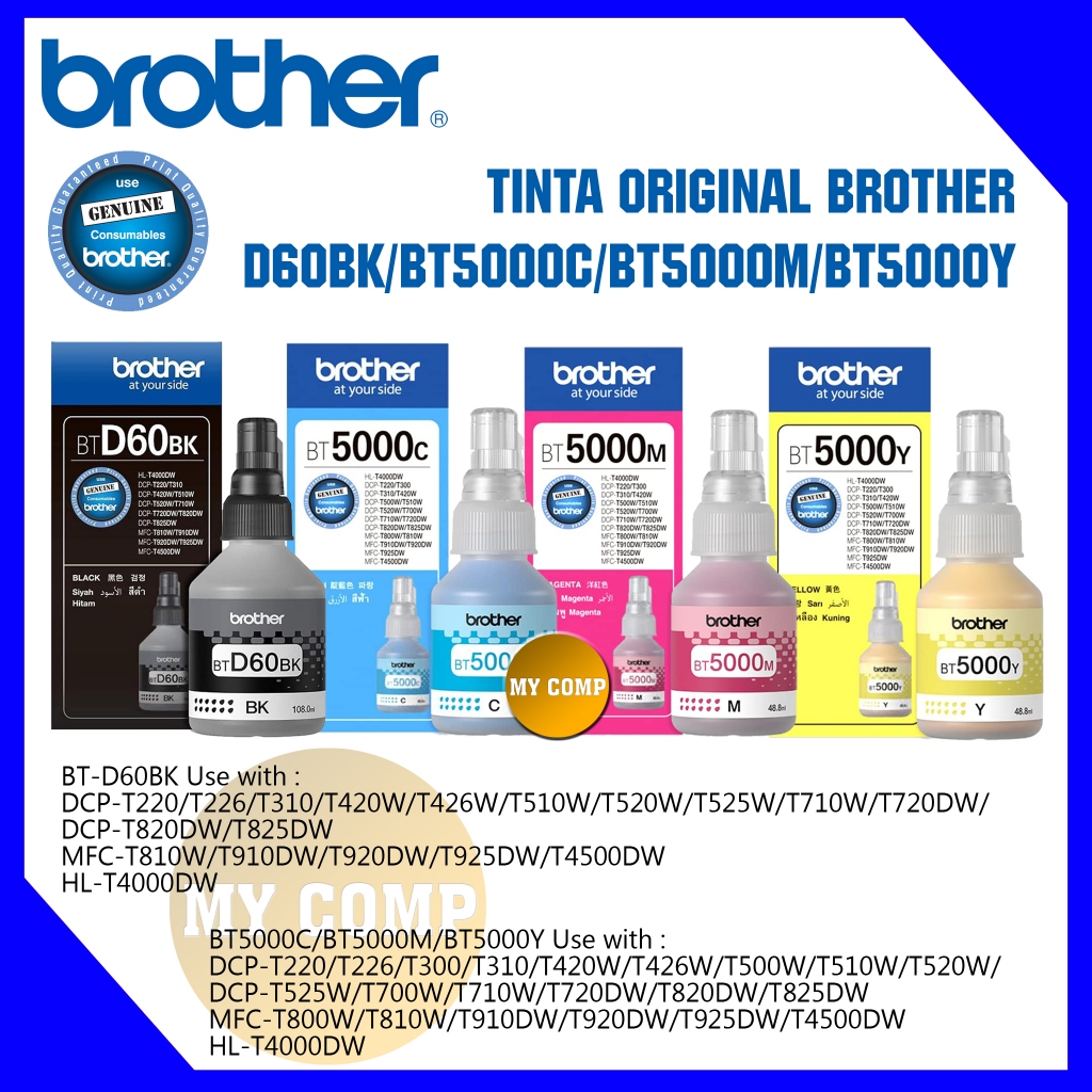 Tinta Brother Original D60BK BT5000C BT5000M BT5000Y Black Cyan Magenta Yellow BTD60BK Ink T220 T310