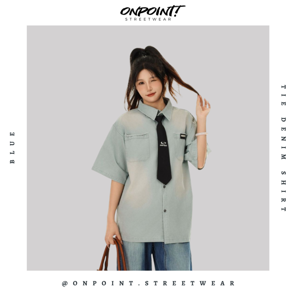 Tie Denim Shirt - kemeja denim pria kemeja jeans wanita oversize gaya korea sablon premium jumbo hem