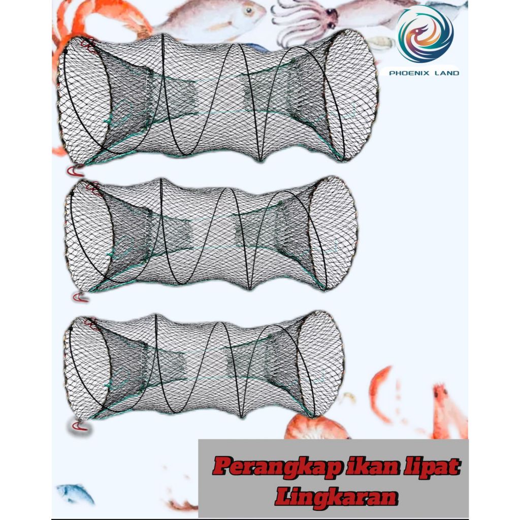 Phoenix Land Bubu Perangkap Ikan Udang Kepiting Lipat Bentuk Lingkaran Jaring Nilon Ikan Udang Kepit
