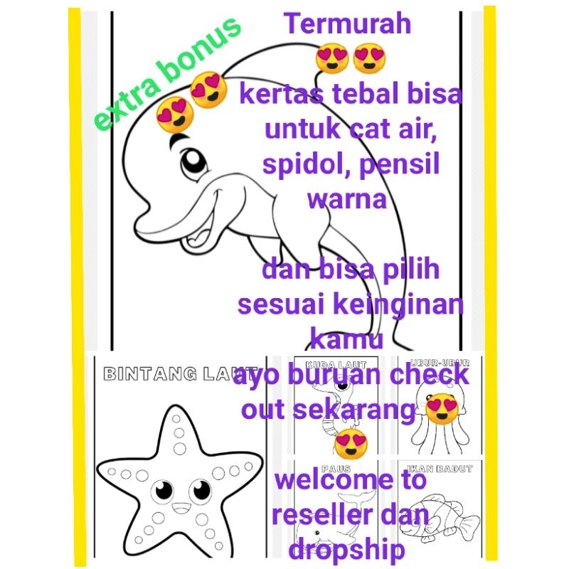 

Kertas/Lembar/worksheet mewarnai A5 Murah tema hewan laut