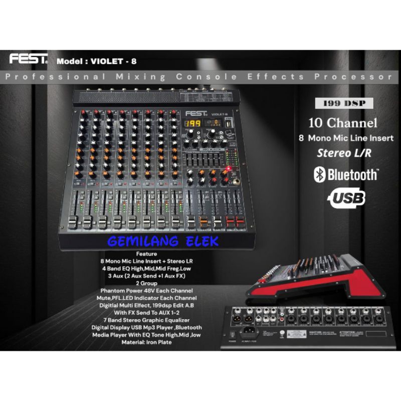 Mixer Audio FEST VIOLET 8 Original 8 Channel + Stereo L R Channel Bluetooth