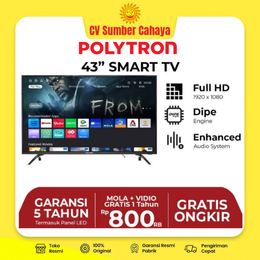 Polytron LED Smart TV 43" HD Youtube Browser Digital TV 43CV1569 43CV8869 43CV
