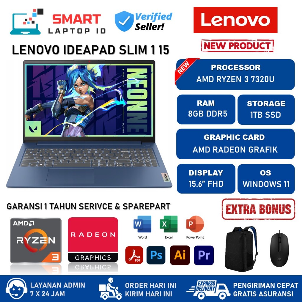 LAPTOP LENOVO IDEAPAD SLIM 1 15 AMD RYZEN 3 7320U 8GB 1TB SSD WIN11 ORIGINAL