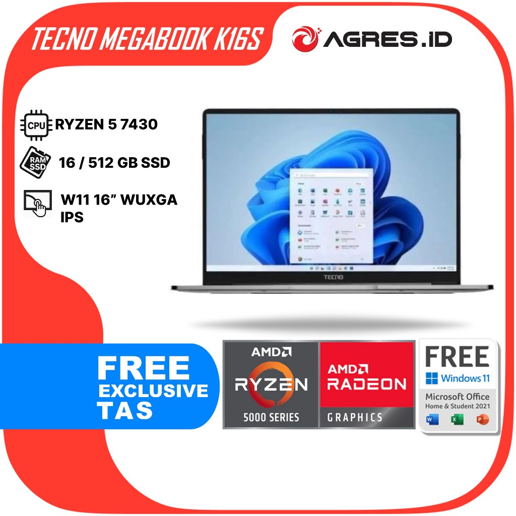 TECNO MEGABOOK K16S RYZEN 5 7430 16GB 512GB W11+OFFICE PERMANEN 16.0WUXGA IPS SILVER GARANSI RESMI