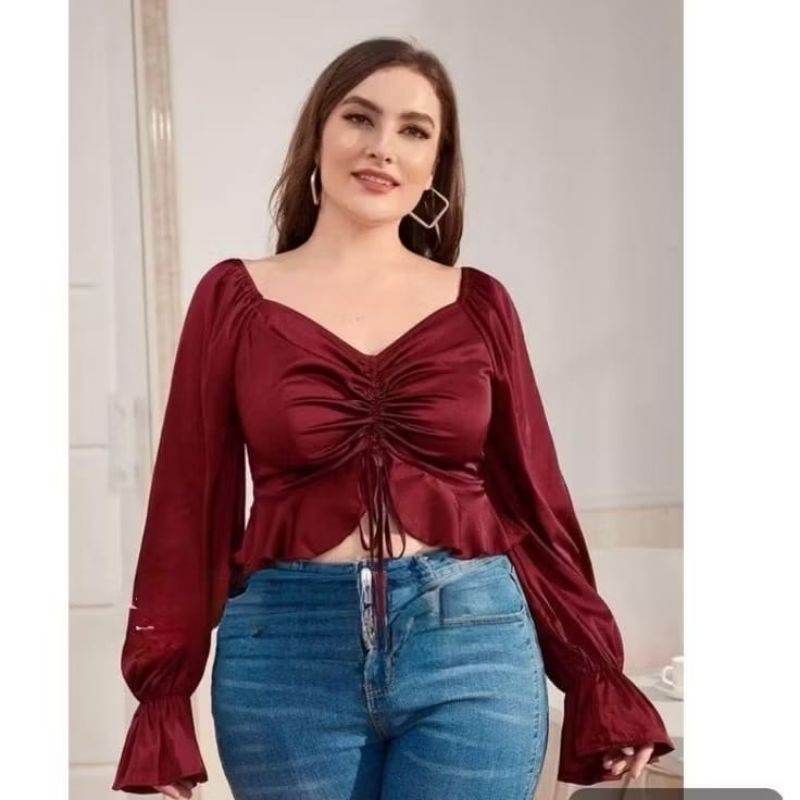 Anara - Blouse Sabrina,Atasan Wanita Satin,Blouse Wanita Jumbo