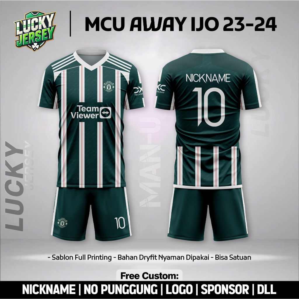 Baju Bola Manchester United Away Ijo 2023 - 2024 Jersey Free Custom Nama dan Nomor Punggung
