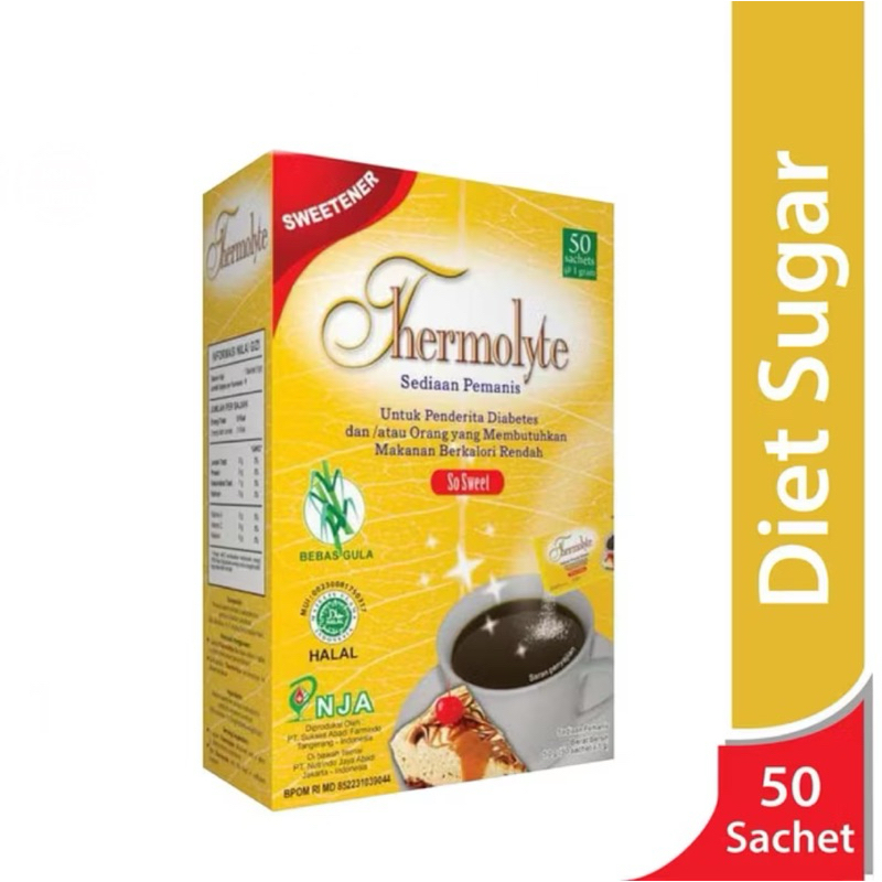 

Thermolyte Diet Sugar 1Box Isi 50 @1 gram / Diabetes / Diet / Gula Rendah Kalori / Obesitas
