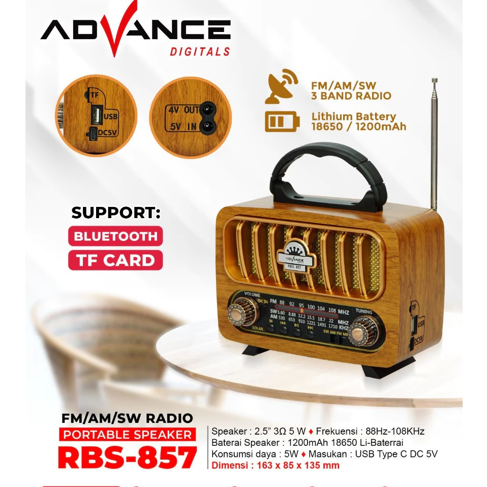 Advance RBS-857 Radio Antik Portable Speaker 2,5 Inch Radio Jadul Portable Support Bluetooth Radio F