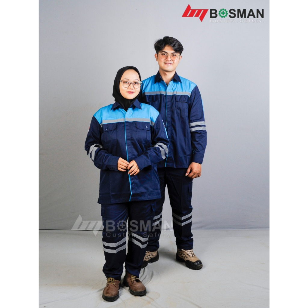 Wearpack Atasan Navy Tosca Kemeja Safety Warna Navy Kombinasi Biru Cyan / Tosca Bordir Logo Safety d