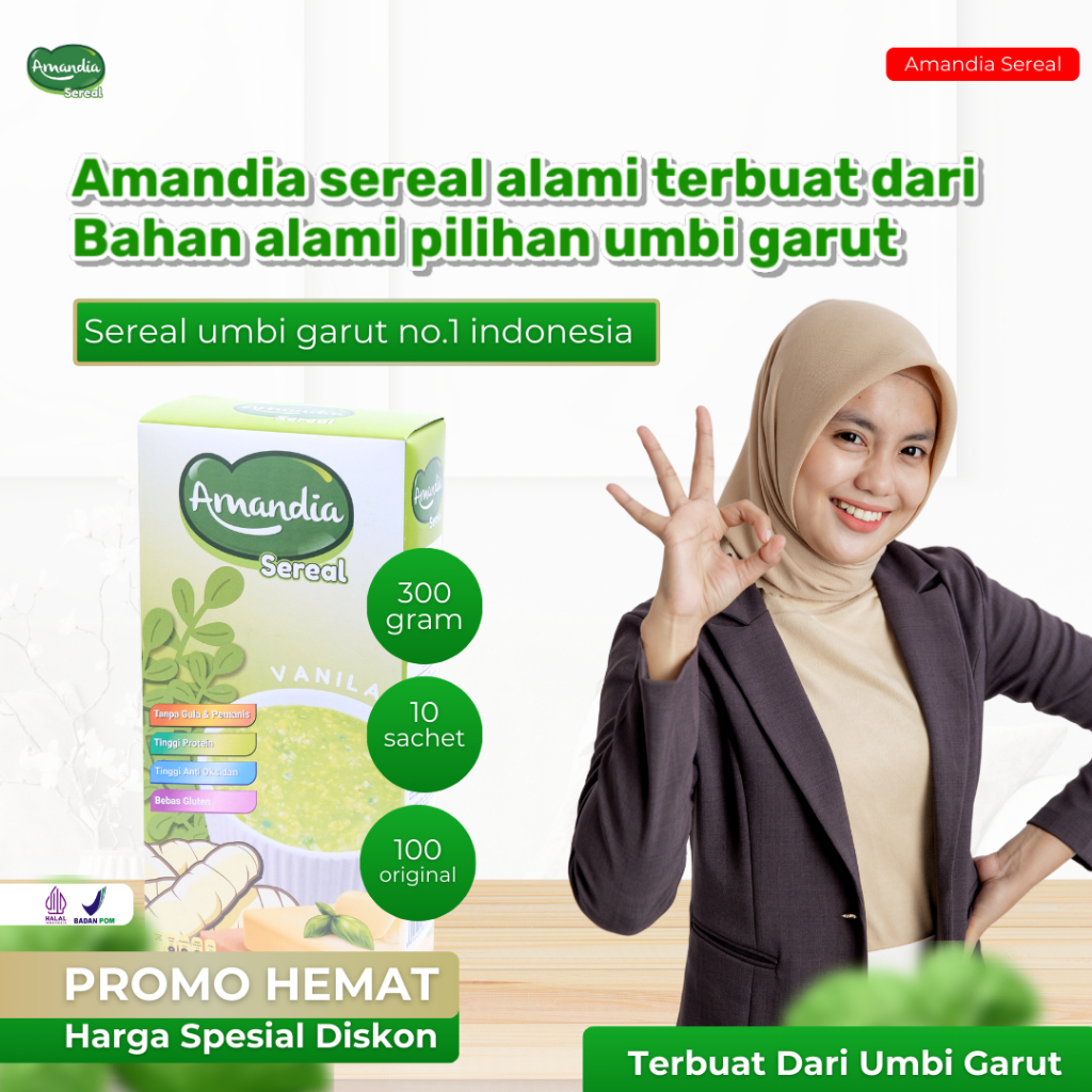 

Amandia sereal makanan sehat terbuat dari bahan alami umbi garut daun kelor bebas gula aman untuk diabetesi sudah BPOM & halal Indonesia