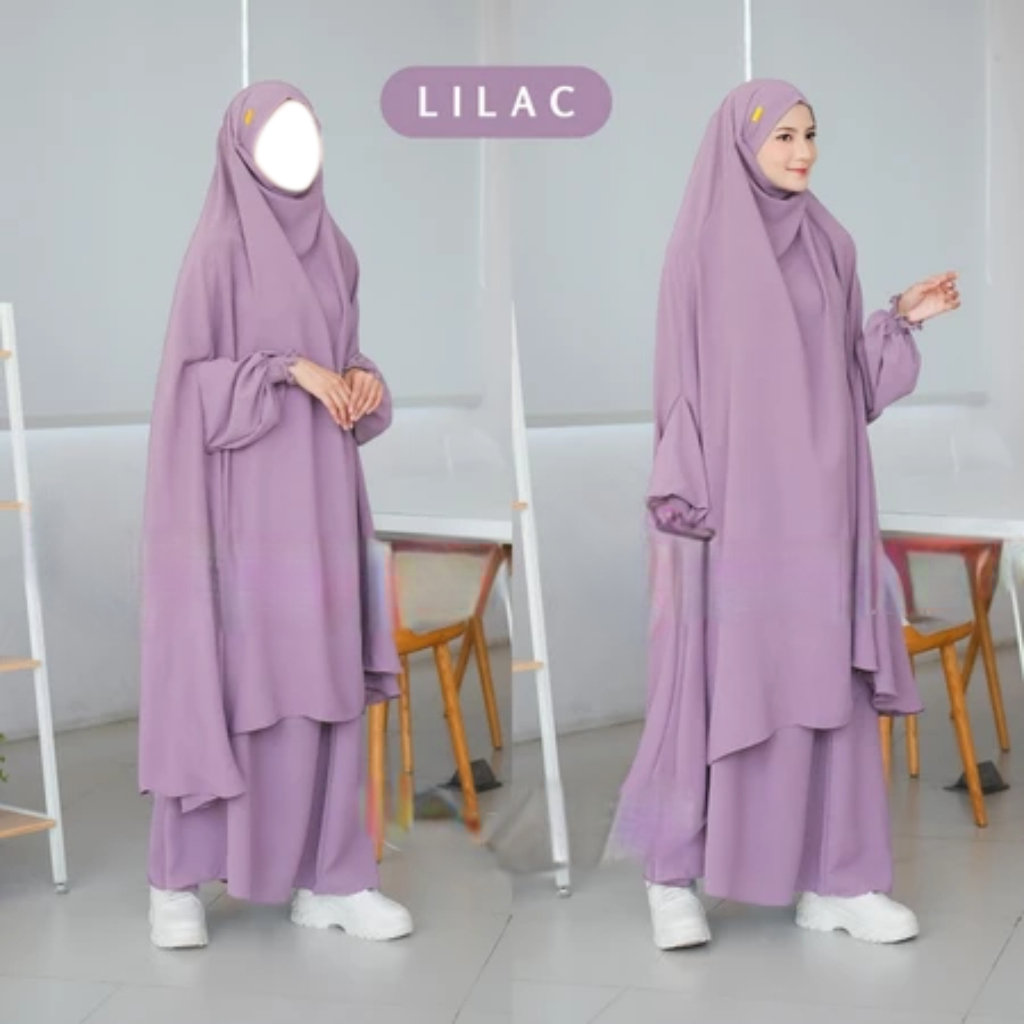 French Set Gamis Khimar Syari Warna Lilac – Bahan Adem Lembut Jatuh Anti Kusut & UV Premium