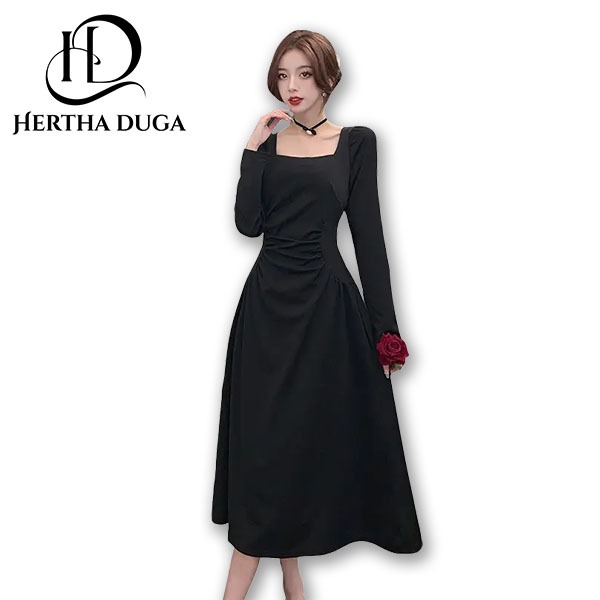 Hertha Duga black dress hitam party dress wanita formal elegant casual fitted dress korean style