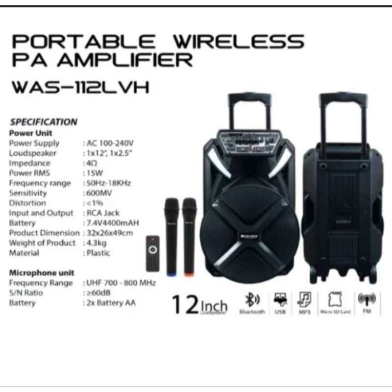 SPEAKER PORTABLE BLUETOOTH AIWA WAS 112LVH 112 LVH 12INCH USB