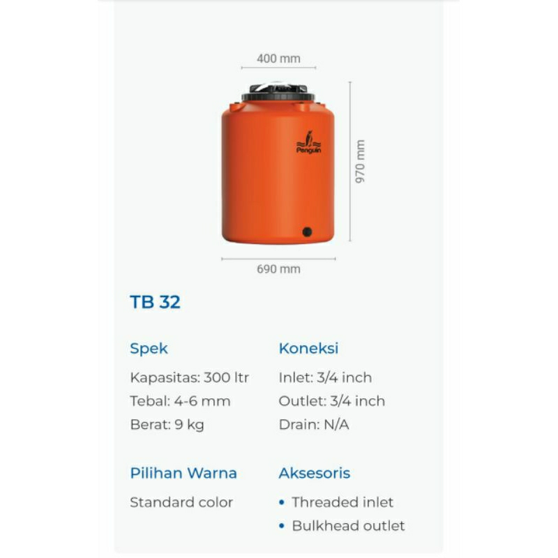 Tangki / Tandon / Toren Air merk Penguin tipe TB 32 (300L)