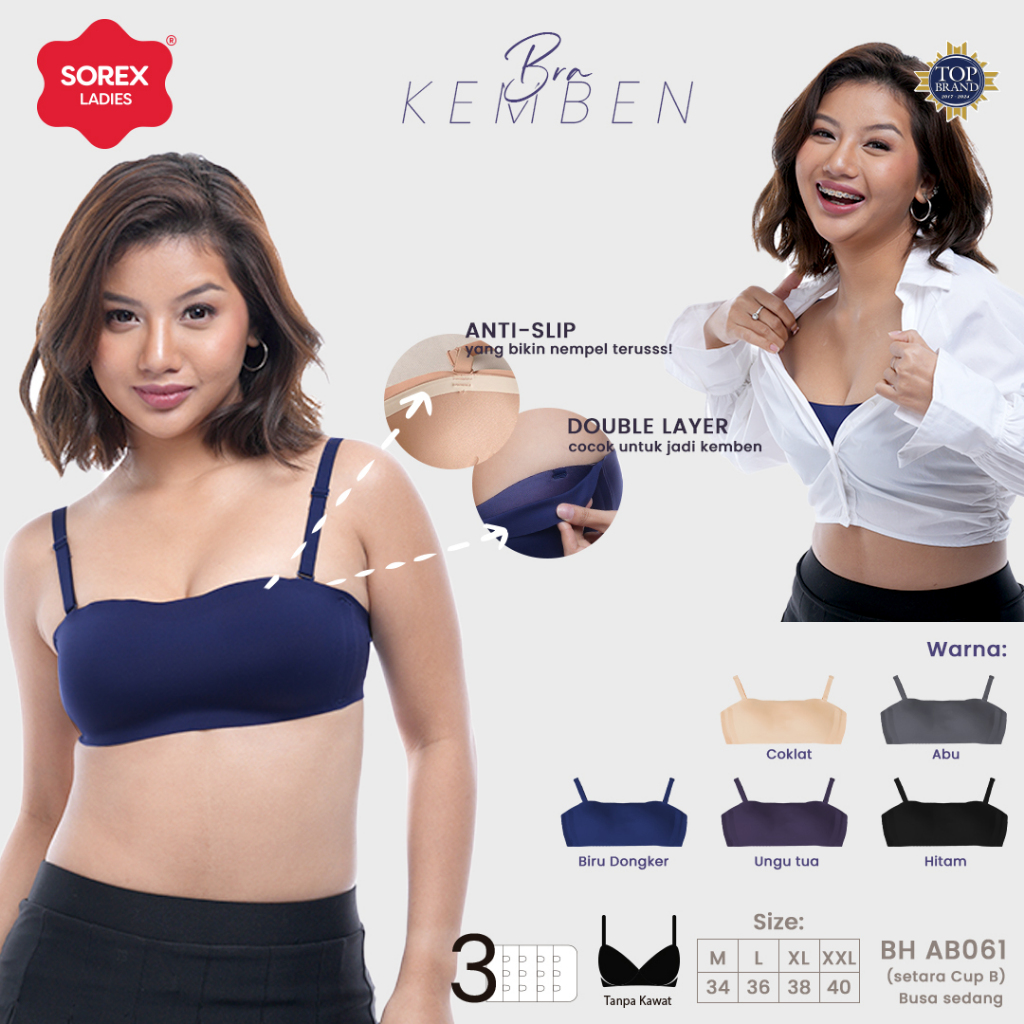 Sorex Bra Kemben Tanpa Kawat Half Cup 1/2 Seamless Kait 3 Busa Sedang Cup B BH AB 061