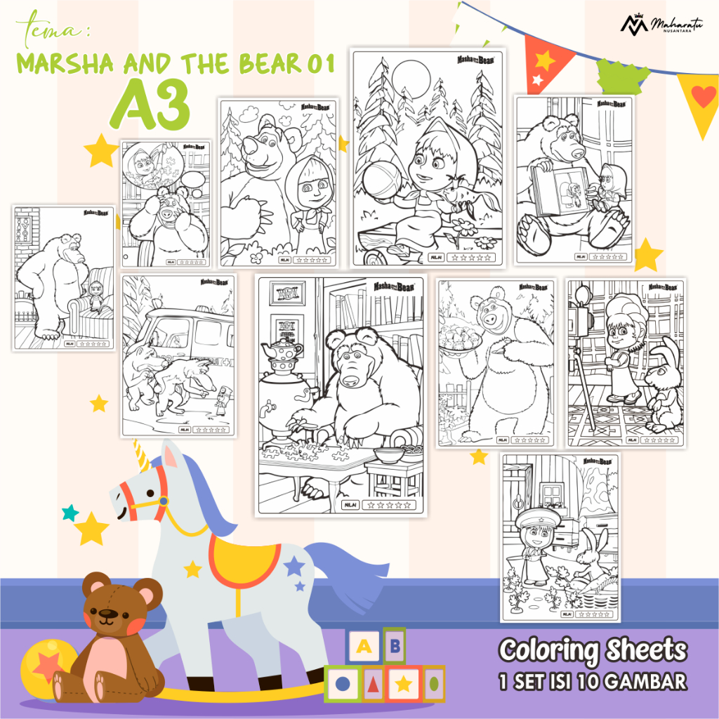 

[MARSHA AND THE BEAR 01] LEMBAR MEWARNAI UNTUK ANAK - KERTAS BER GAMBAR READY STOCK A3 - COLORING SHEETS