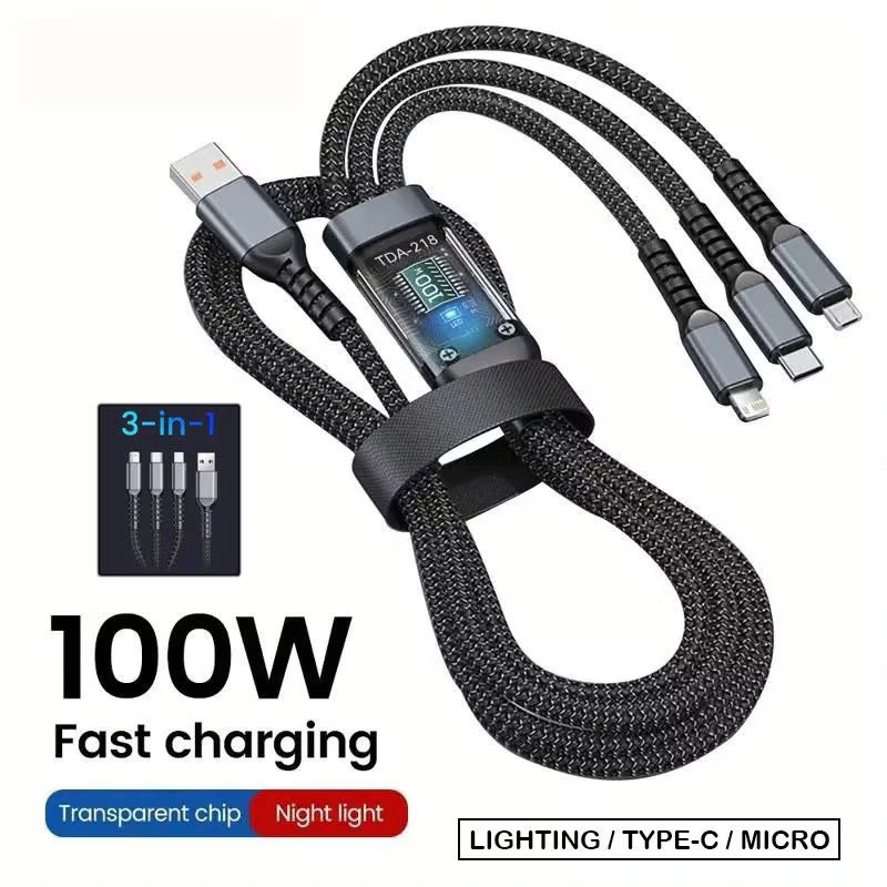 Kabel Data 3in1 Hitam Abu Kabel data Hp JK-07 Fast Charging Kabel Data Micro Type c Lightning LED In