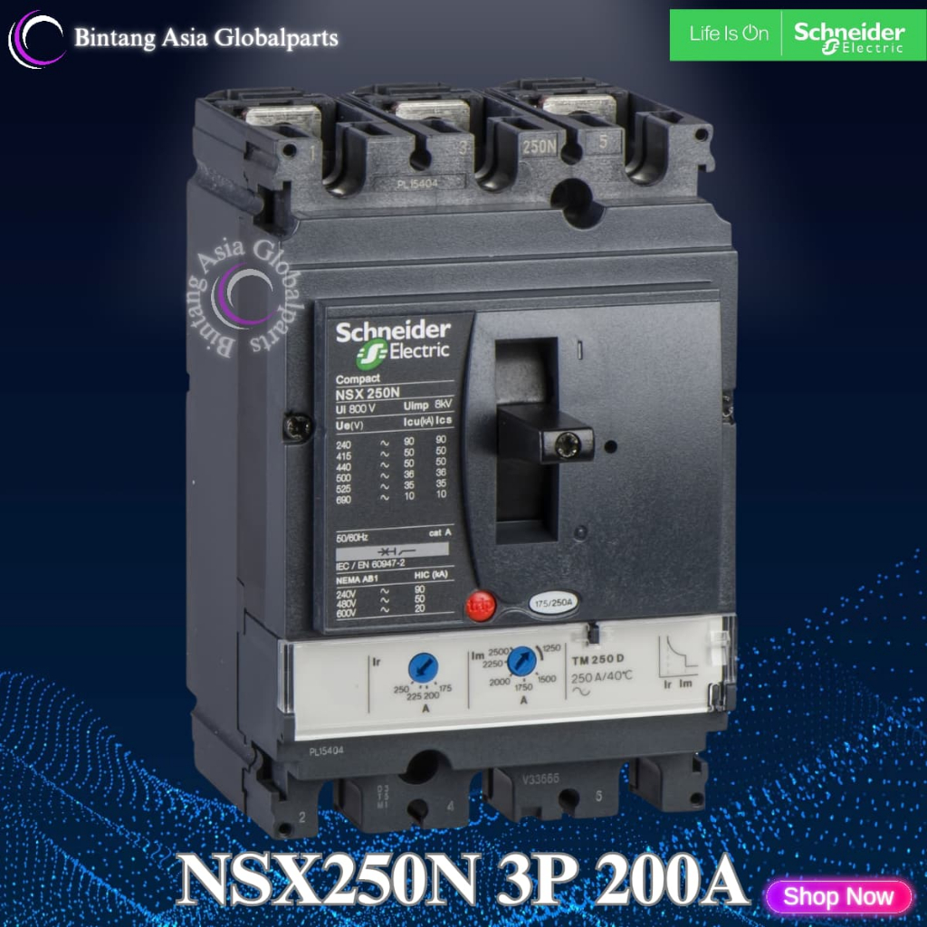 MCCB 3 Phase 200 Ampere Schneider LV431831 Original / MCCB 3p 200a 50kA NSX250N / Breaker 3 Pole 200