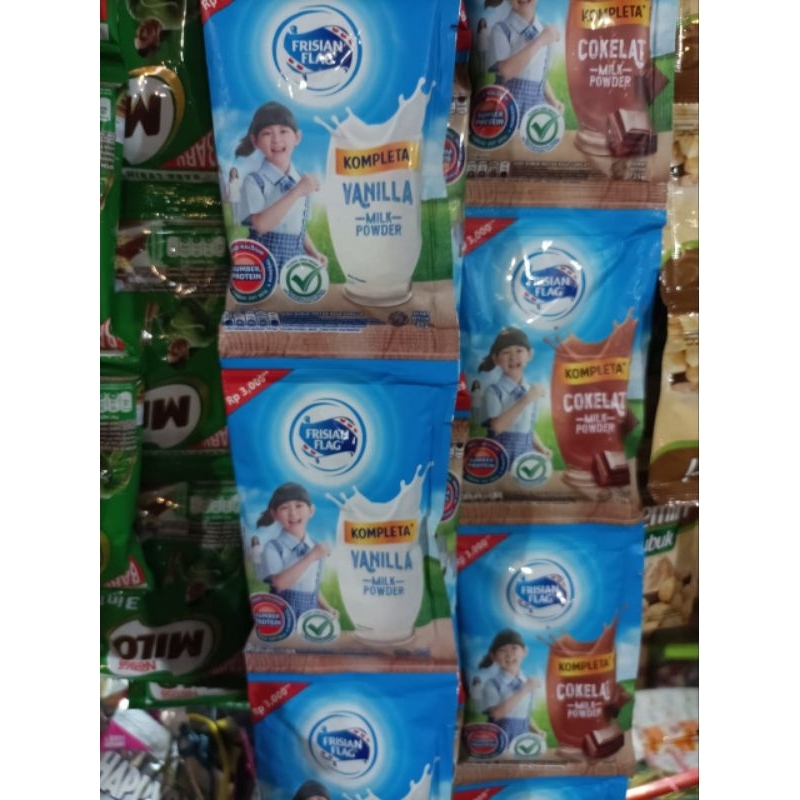 

Susu Frisian Flag Kompleta Rasa cokelat / Vanila ( 1 renceng isi 10 sachet ) @23gr