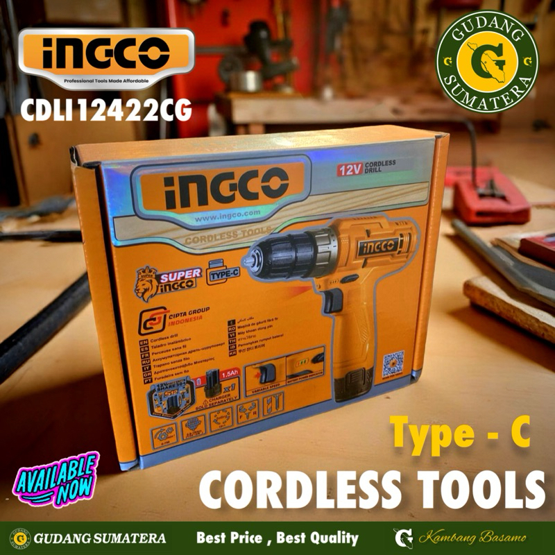 Ingco 12V 20NM Bor Cordless dengan 1 Pcs Bit Cr-V 65mm dan 1 Pcs Paket Baterai 1.5Ah untuk Pengencan