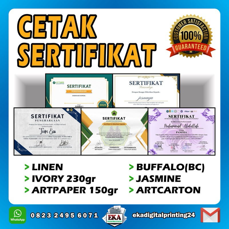 

Cetak sertifikat A4 Bahan Linen, Ivory, Buffalo,Artpaper,Artcarton,Jasmine